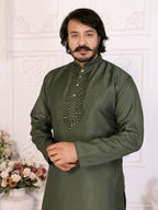 Anaita Mehndi Silk Straight Kurta With Neck Mirror Work | Grocsy