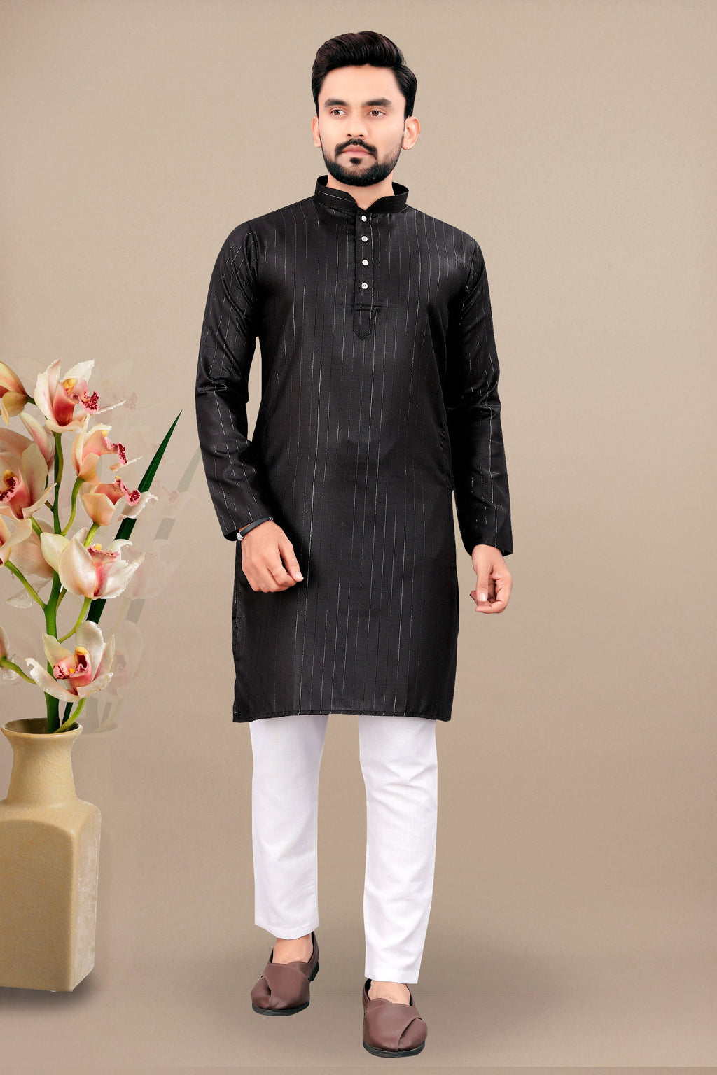 Neera Trendz Black Cotton Blend Lining Work Men's Kurta With Pyjama | Grocsy