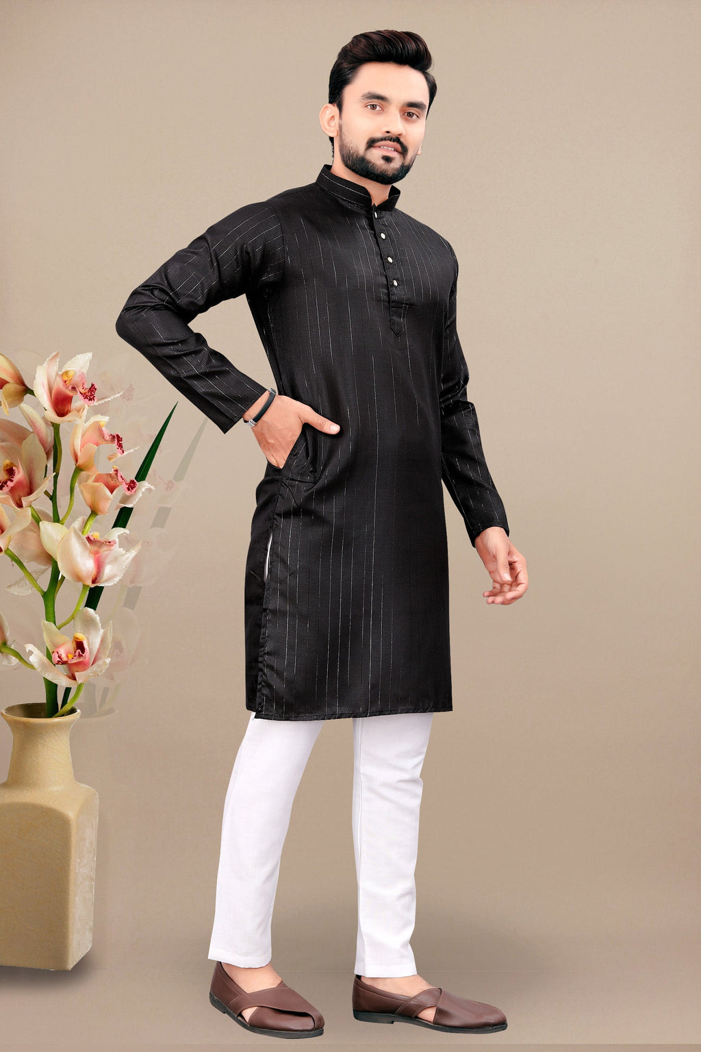 Neera Trendz Black Cotton Blend Lining Work Men's Kurta With Pyjama | Grocsy