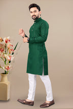 Neera Trendz Green Cotton Blend Lining Work Men's Kurta With Pyjama | Grocsy