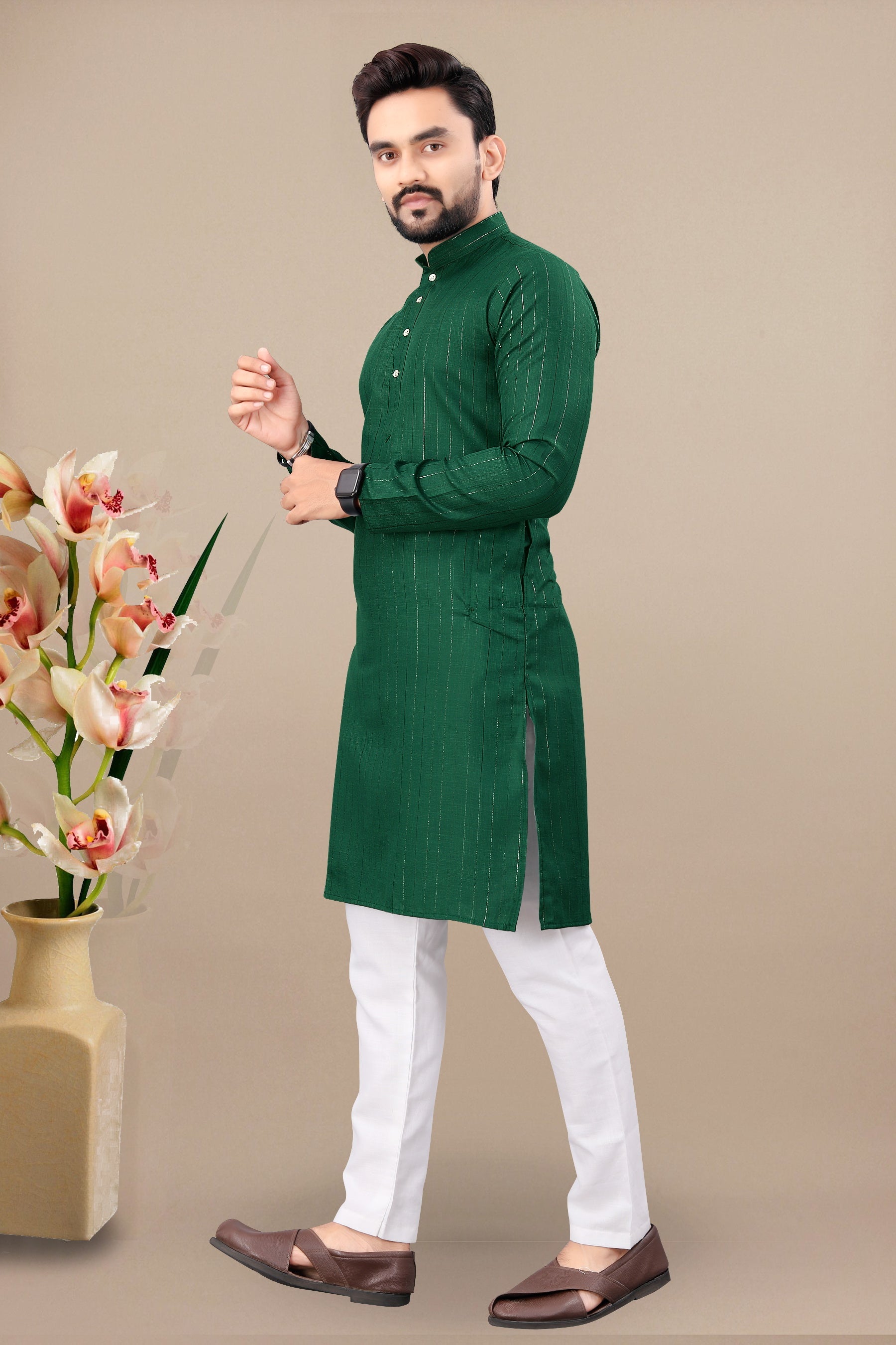 Neera Trendz Green Cotton Blend Lining Work Men's Kurta With Pyjama | Grocsy