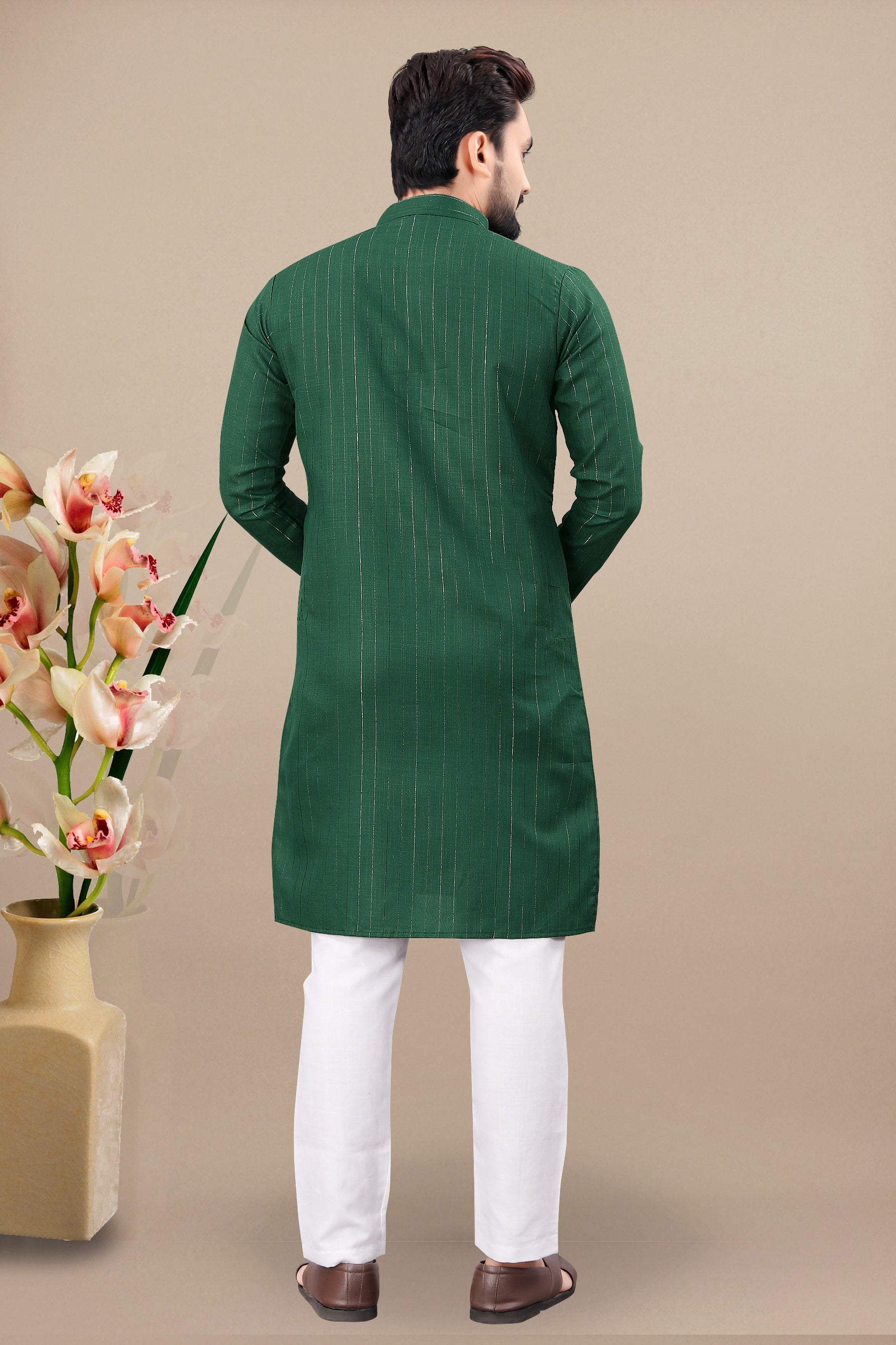 Neera Trendz Green Cotton Blend Lining Work Men's Kurta With Pyjama | Grocsy