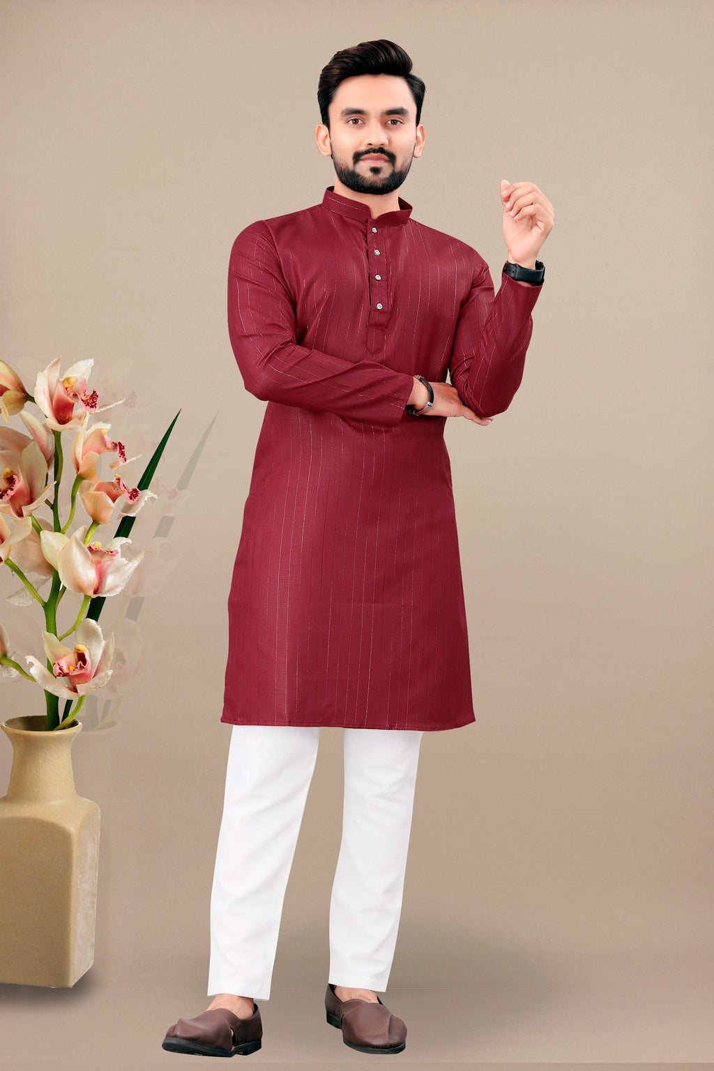 Neera Trendz Maroon Cotton Blend Lining Work Men's Kurta With Pyjama | Grocsy