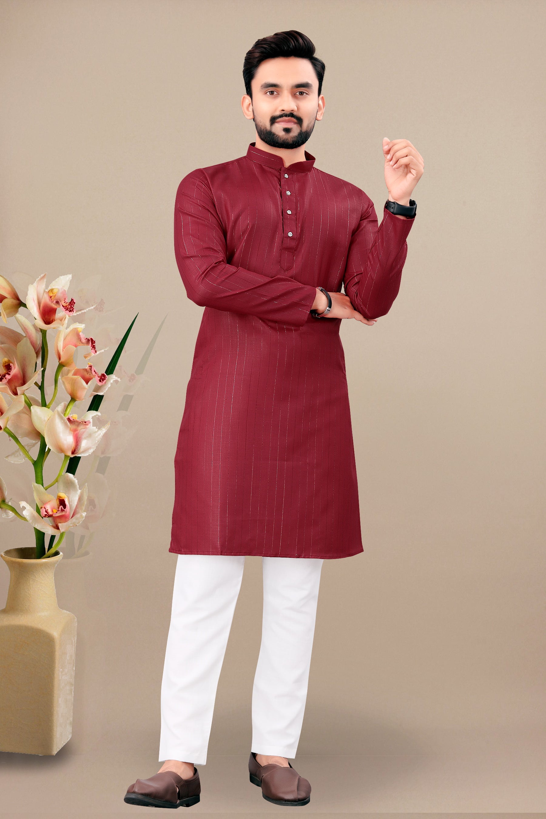 Neera Trendz Maroon Cotton Blend Lining Work Men's Kurta With Pyjama | Grocsy