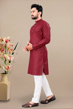 Neera Trendz Maroon Cotton Blend Lining Work Men's Kurta With Pyjama | Grocsy