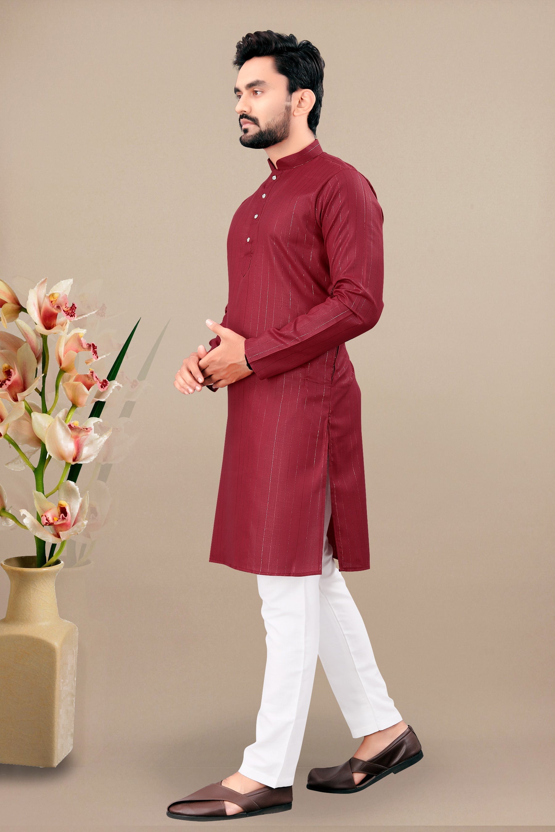 Neera Trendz Maroon Cotton Blend Lining Work Men's Kurta With Pyjama | Grocsy