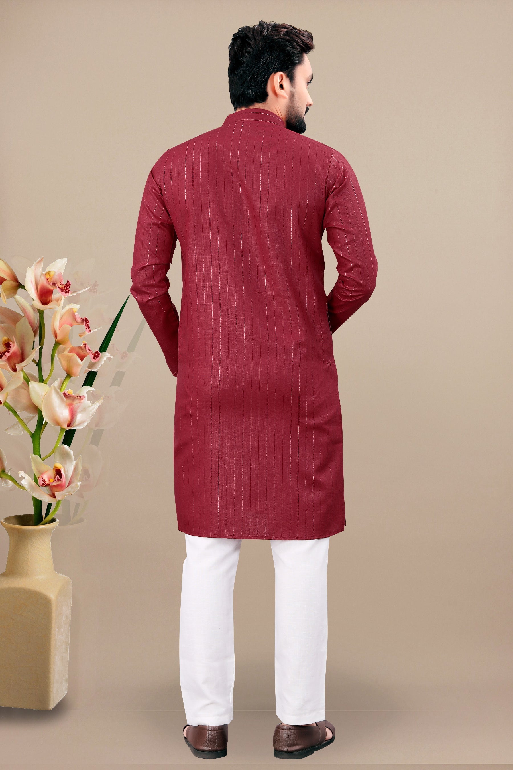 Neera Trendz Maroon Cotton Blend Lining Work Men's Kurta With Pyjama | Grocsy