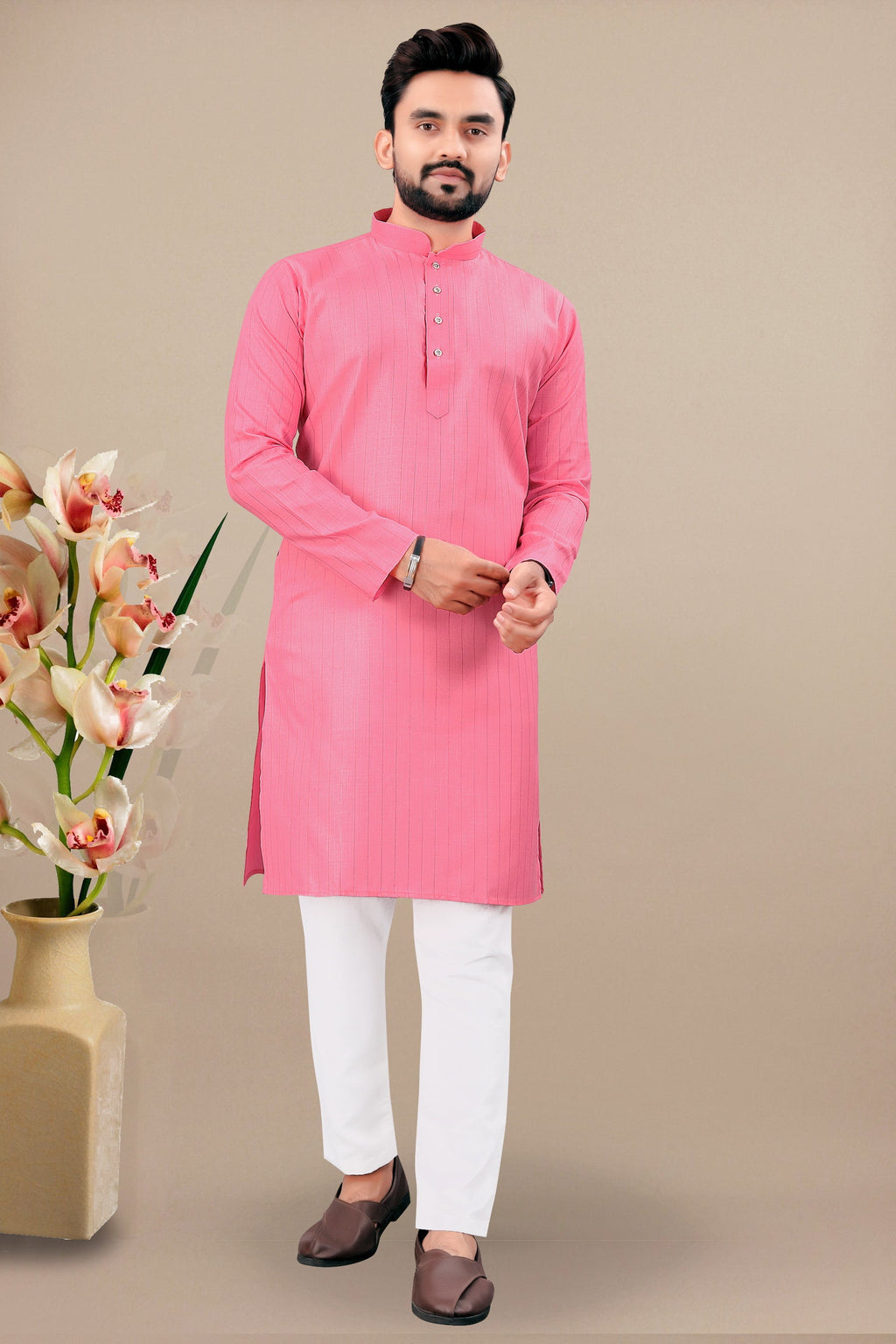 Neera Trendz Pink Cotton Blend Lining Work Men's Kurta With Pyjama | Grocsy