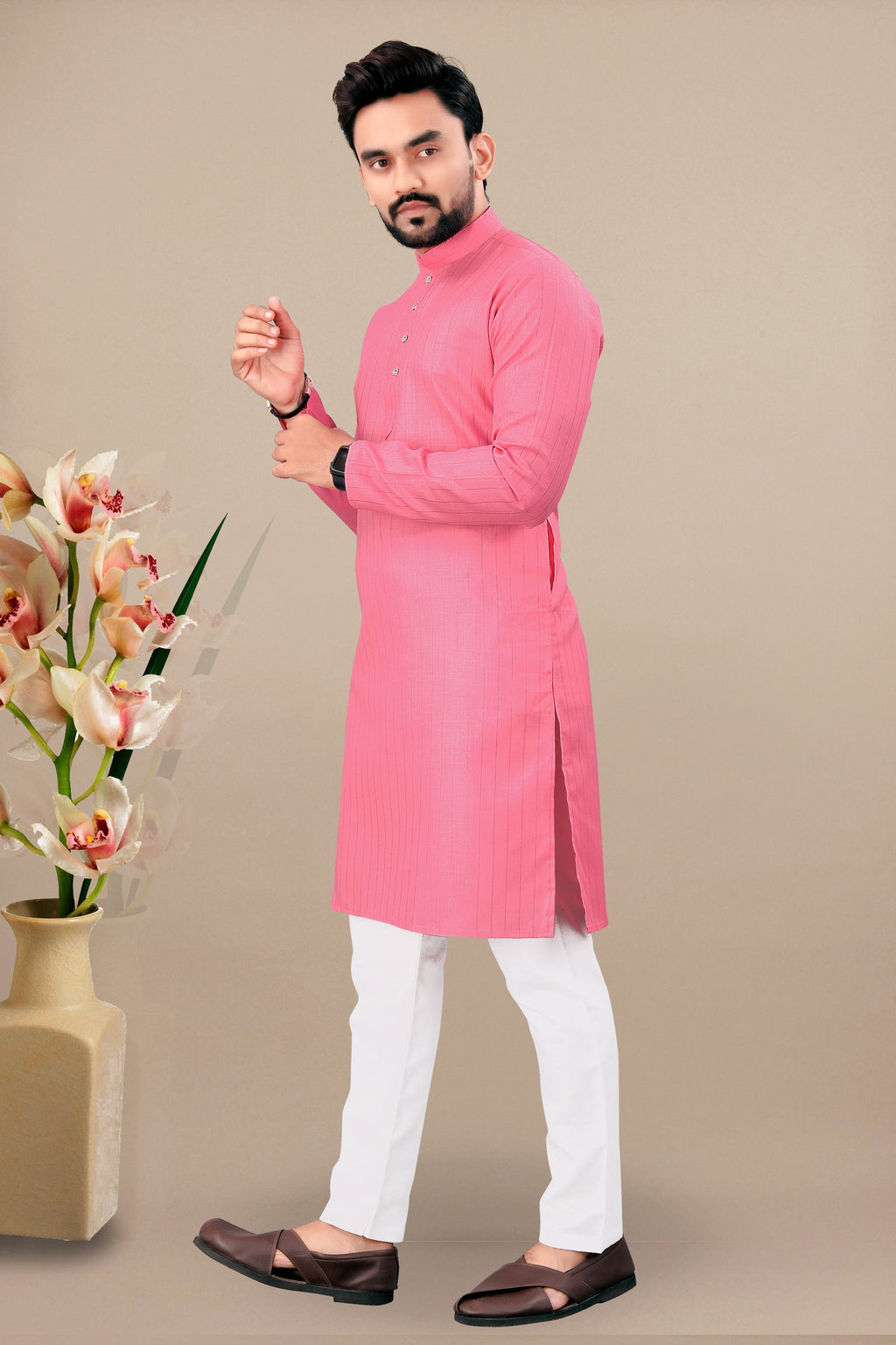 Neera Trendz Pink Cotton Blend Lining Work Men's Kurta With Pyjama | Grocsy