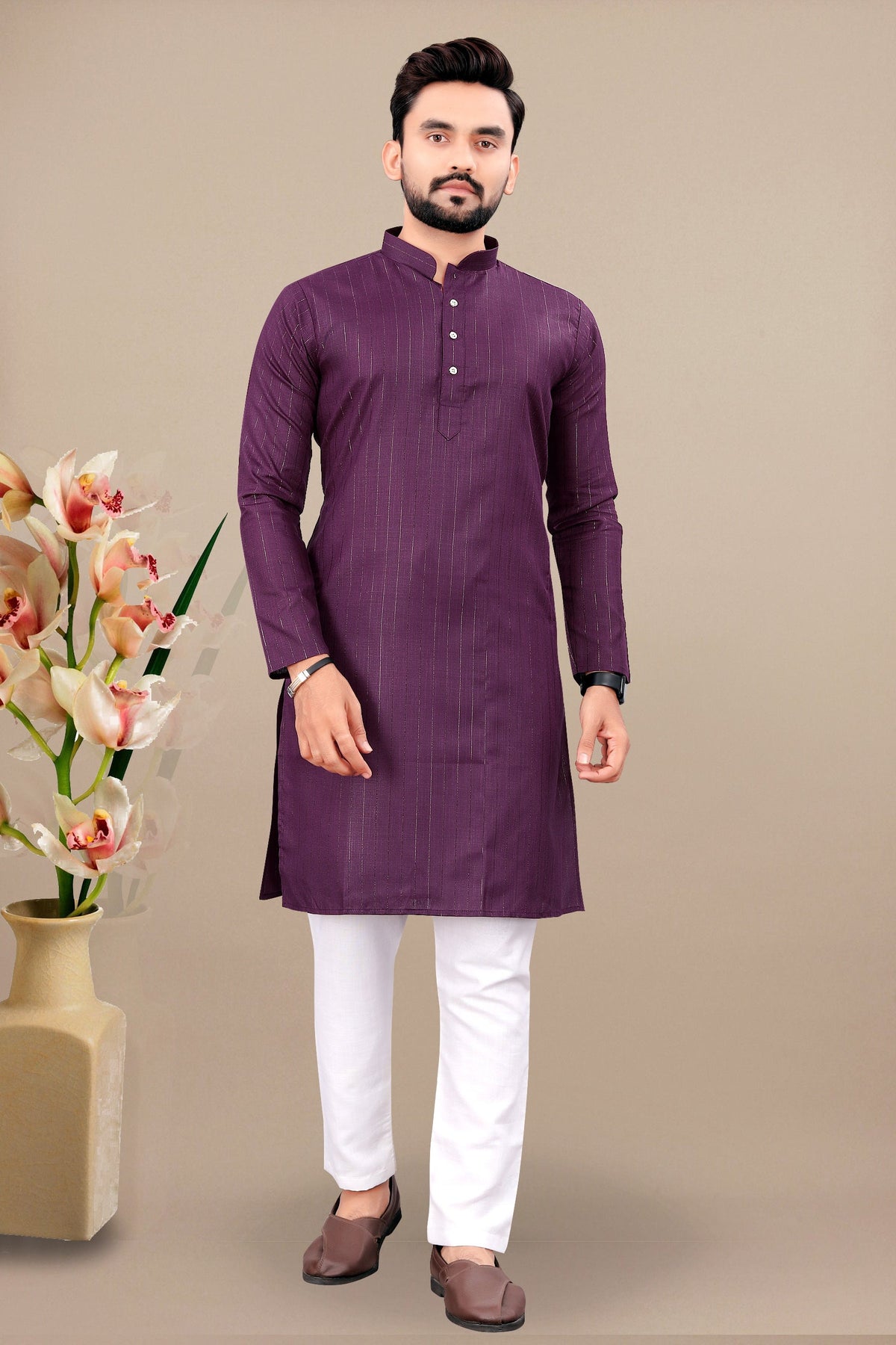 Neera Trendz Wine Cotton Blend Lining Work Men's Kurta With Pyjama | Grocsy