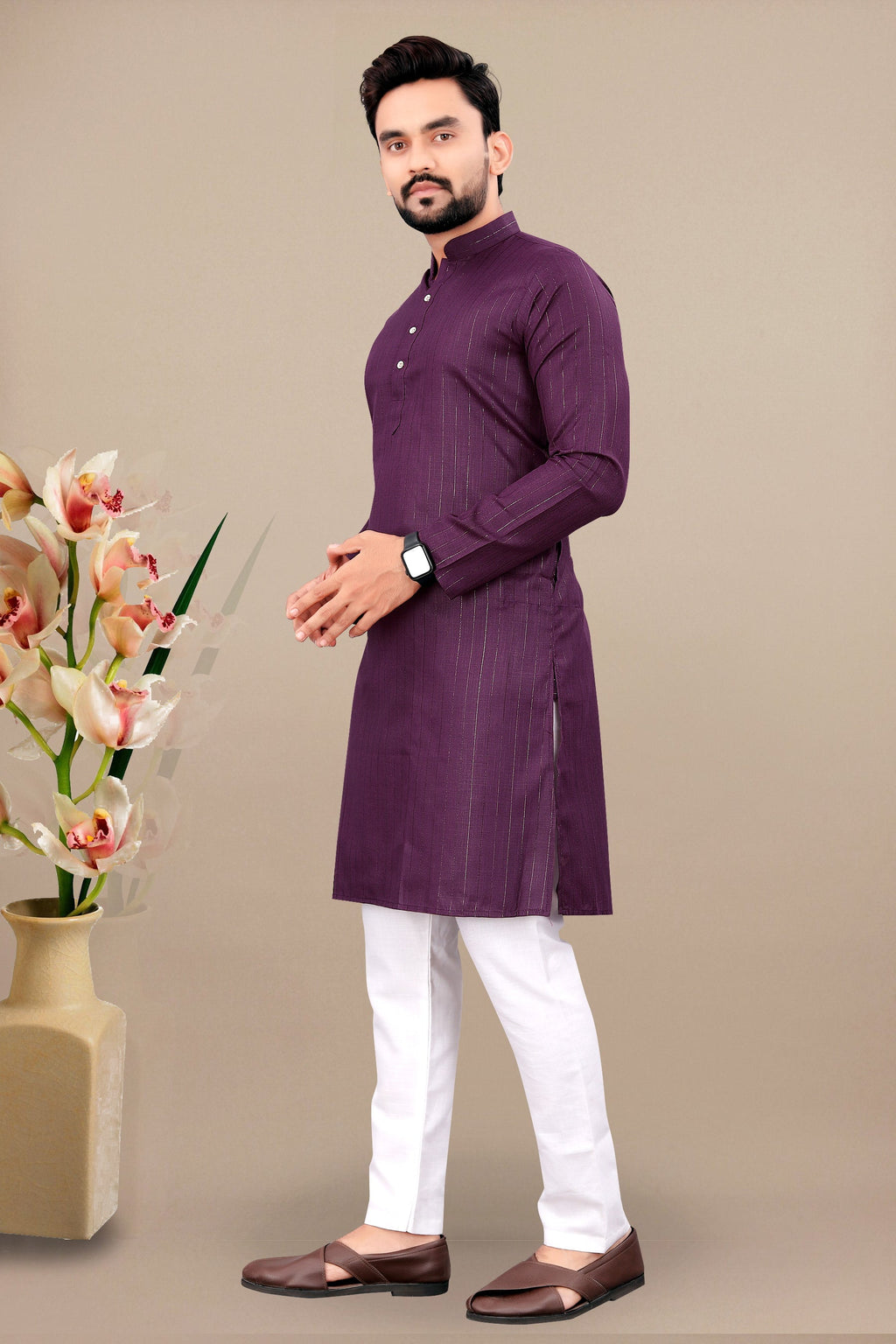 Neera Trendz Wine Cotton Blend Lining Work Men's Kurta With Pyjama | Grocsy