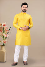 Neera Trendz Yellow Cotton Blend Lining Work Men's Kurta With Pyjama | Grocsy