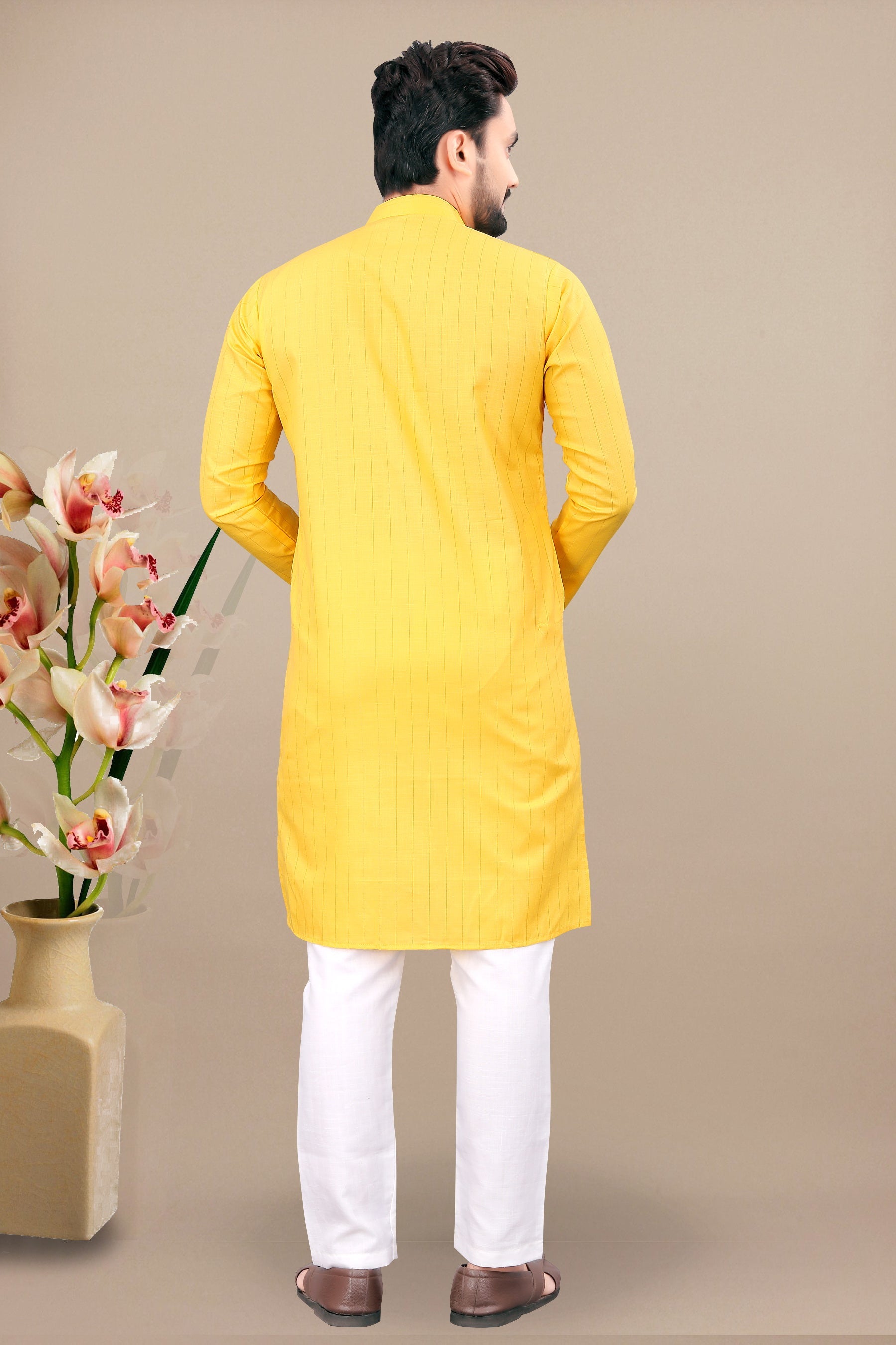 Neera Trendz Yellow Cotton Blend Lining Work Men's Kurta With Pyjama | Grocsy