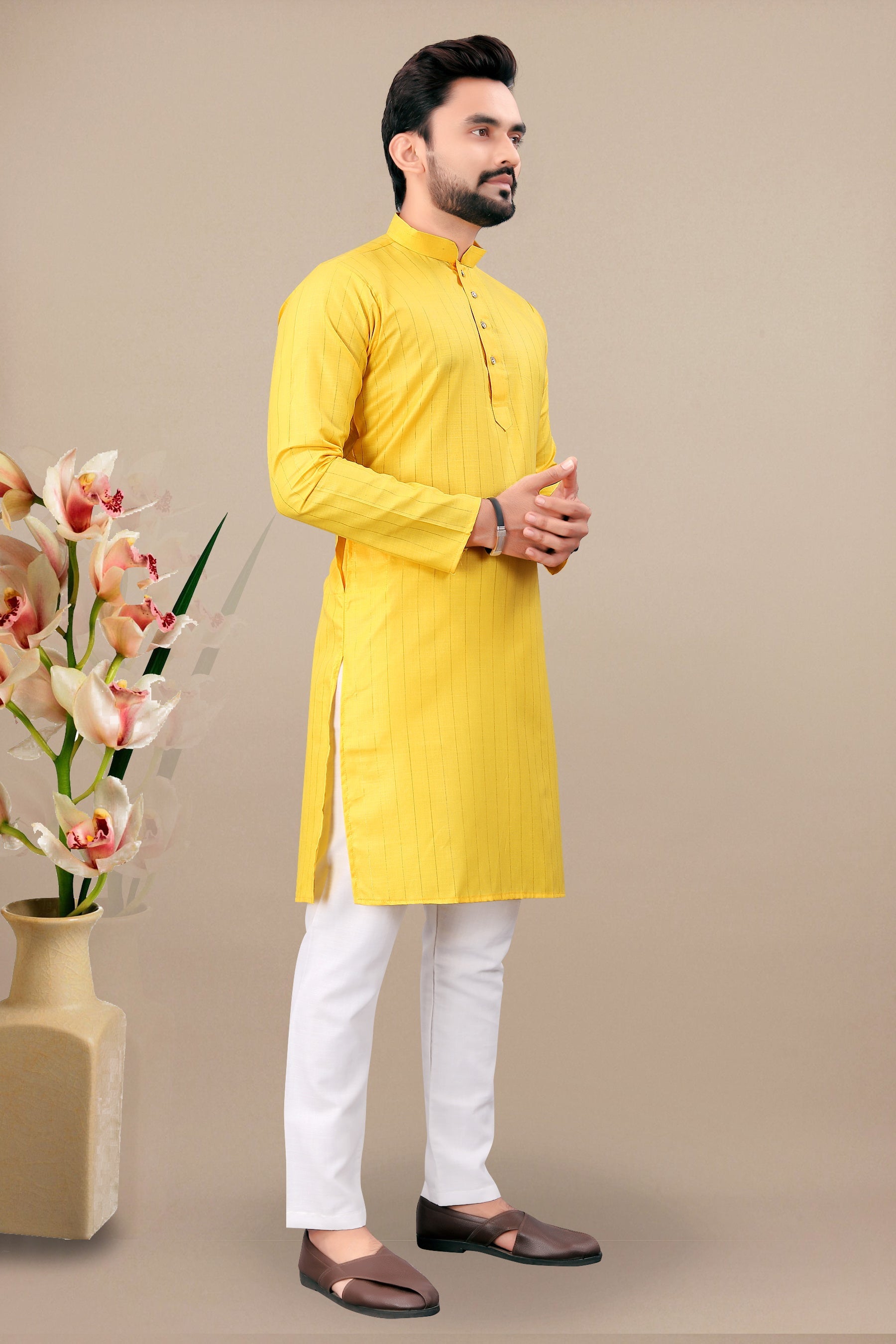 Neera Trendz Yellow Cotton Blend Lining Work Men's Kurta With Pyjama | Grocsy