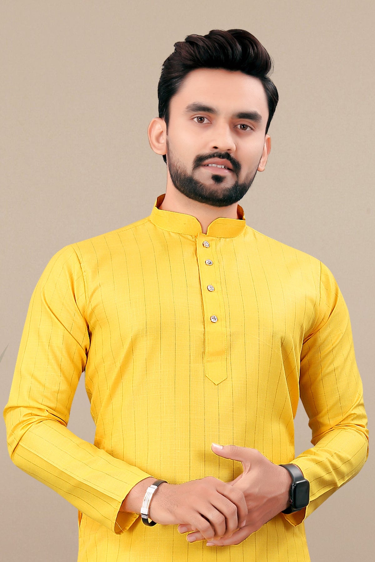 Neera Trendz Yellow Cotton Blend Lining Work Men's Kurta With Pyjama | Grocsy