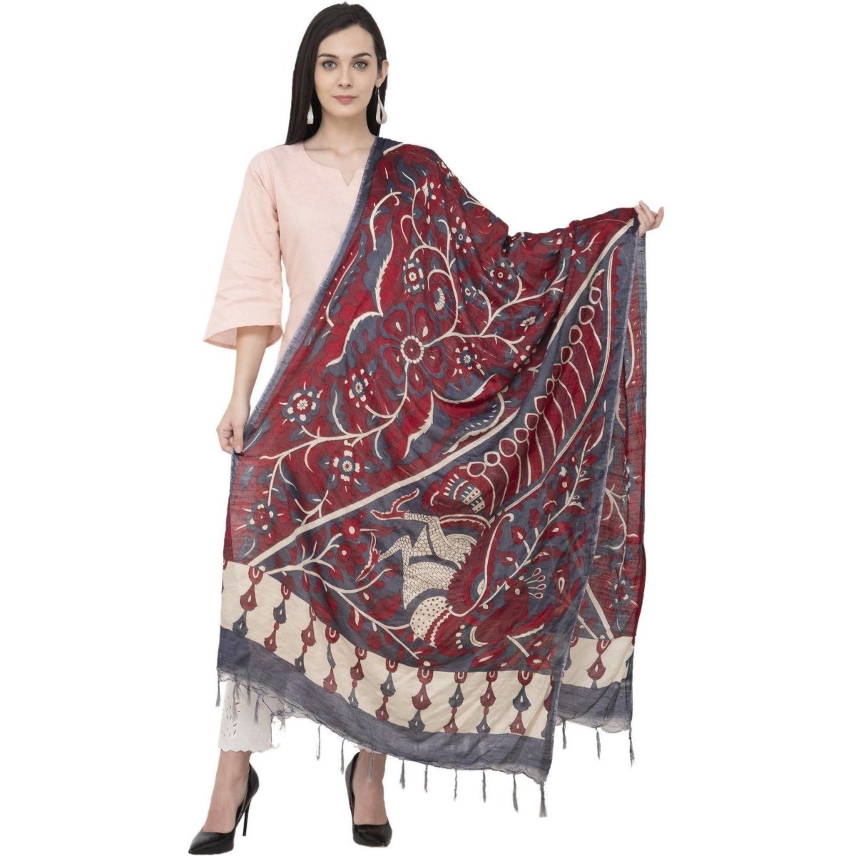 A R Silk Modal Kalamkari Print Fancy Maroon Coloured Dupatta | Grocsy