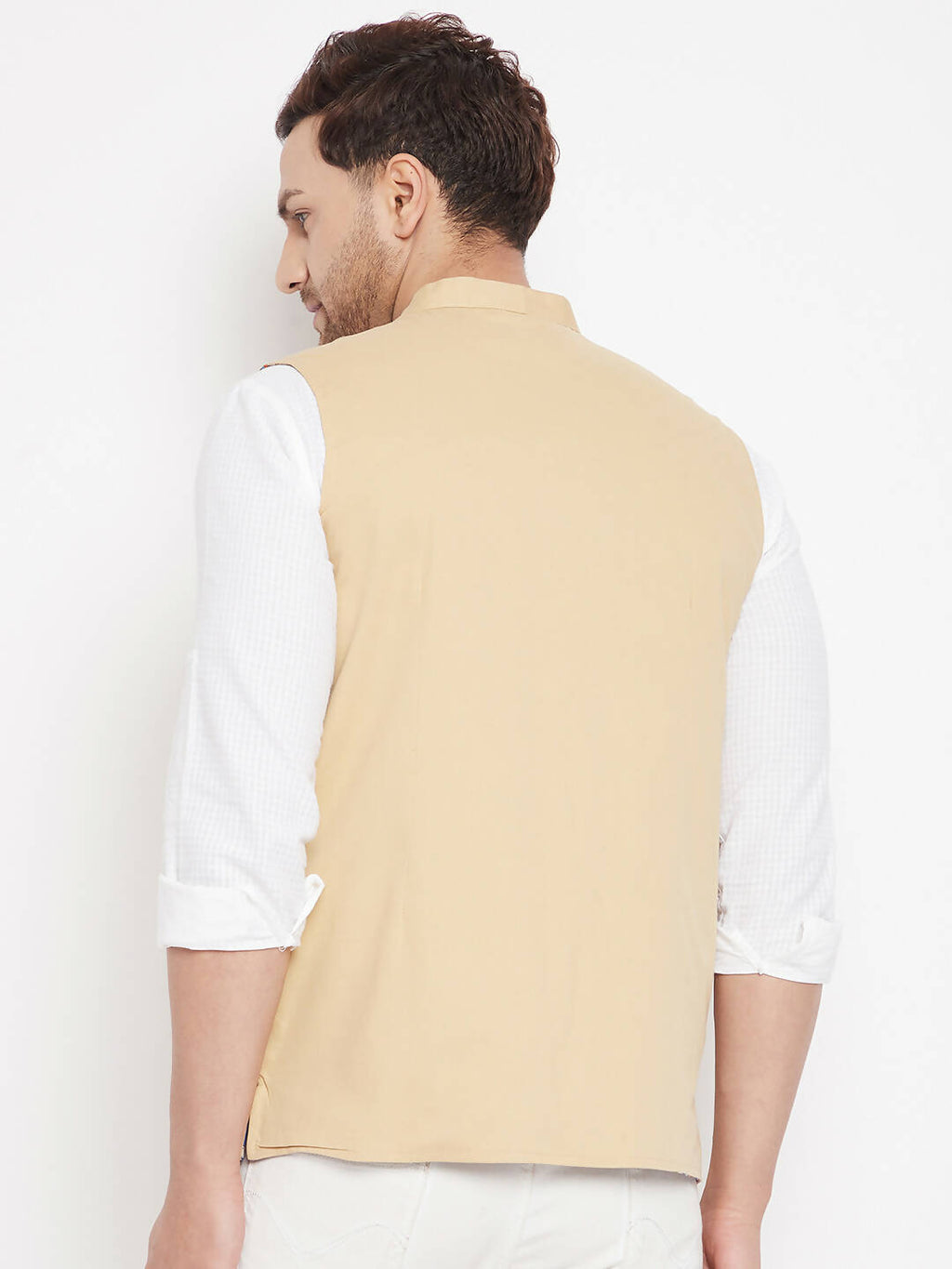 Even Apparels Beige Polyester Men's Nehru Jacket-Contrast Lining-Inbuilt Pocket Square | Grocsy
