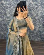 Teeya Creation Womens New Trendy Radiant Teal Hand-Embroidered Silk Lehenga Choli Set | Grocsy
