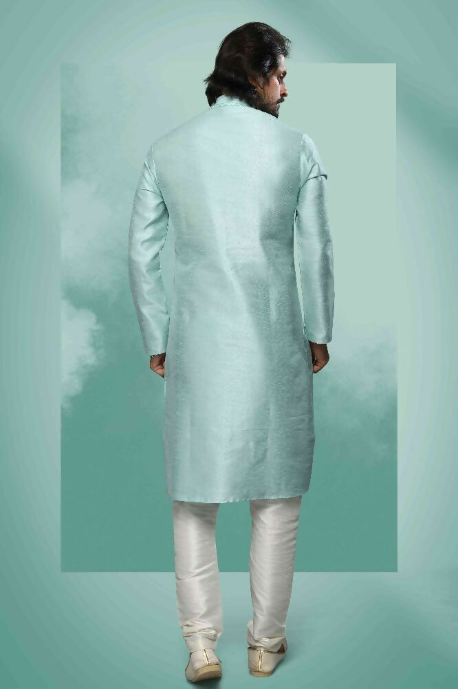 Raivat Ethnic Art Silk Mirror Embroidery Work Kurta Pajama In Pista Green Colour | Grocsy