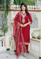 Miravan Women's Embroidered Pure Silk Red Kurta with Palazzo and Dupatta | Grocsy