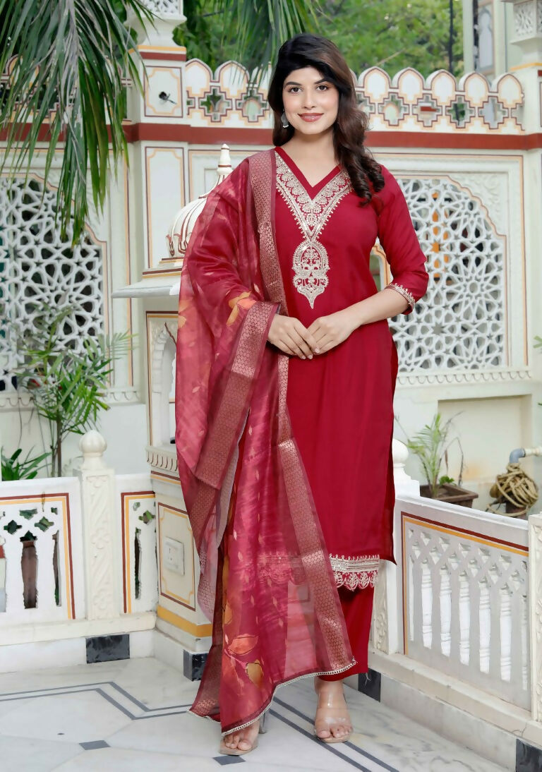 Miravan Women's Embroidered Pure Silk Red Kurta with Palazzo and Dupatta | Grocsy