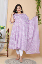 Miravan Women's Plus Size Lavender Floral Flared Sleeves Anarkali Kurta With Dupatta | Grocsy