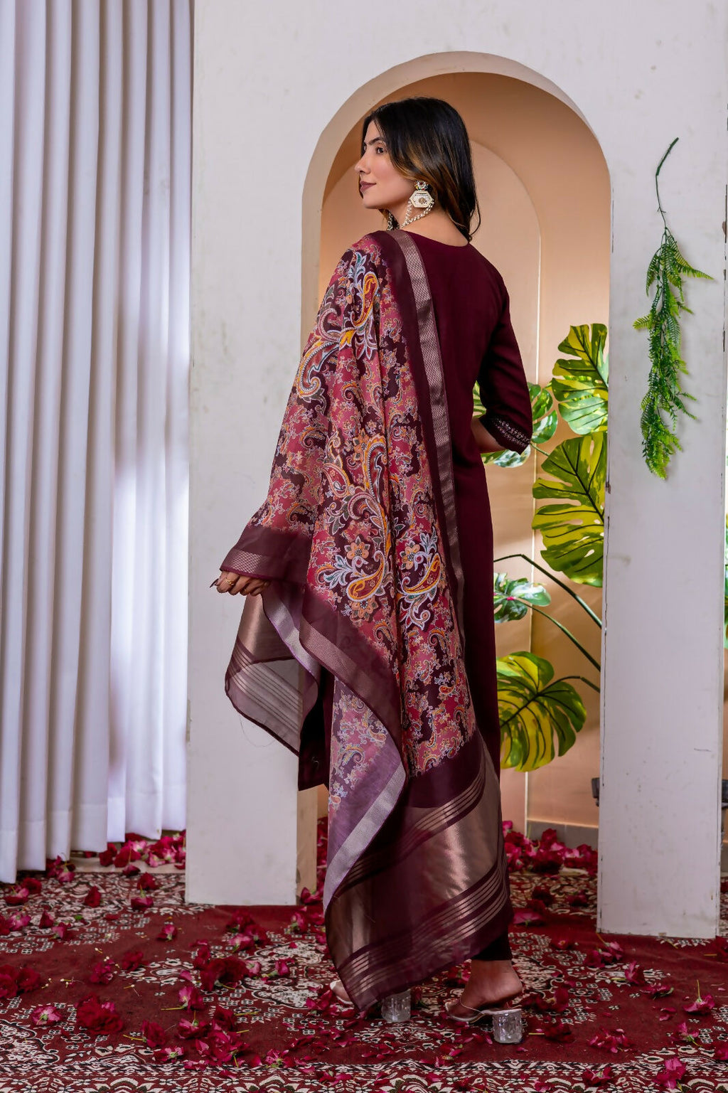 Teeya Creation Womens Wine Embroidered Kurta Pant Set | Grocsy