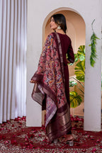 Teeya Creation Womens Wine Embroidered Kurta Pant Set | Grocsy