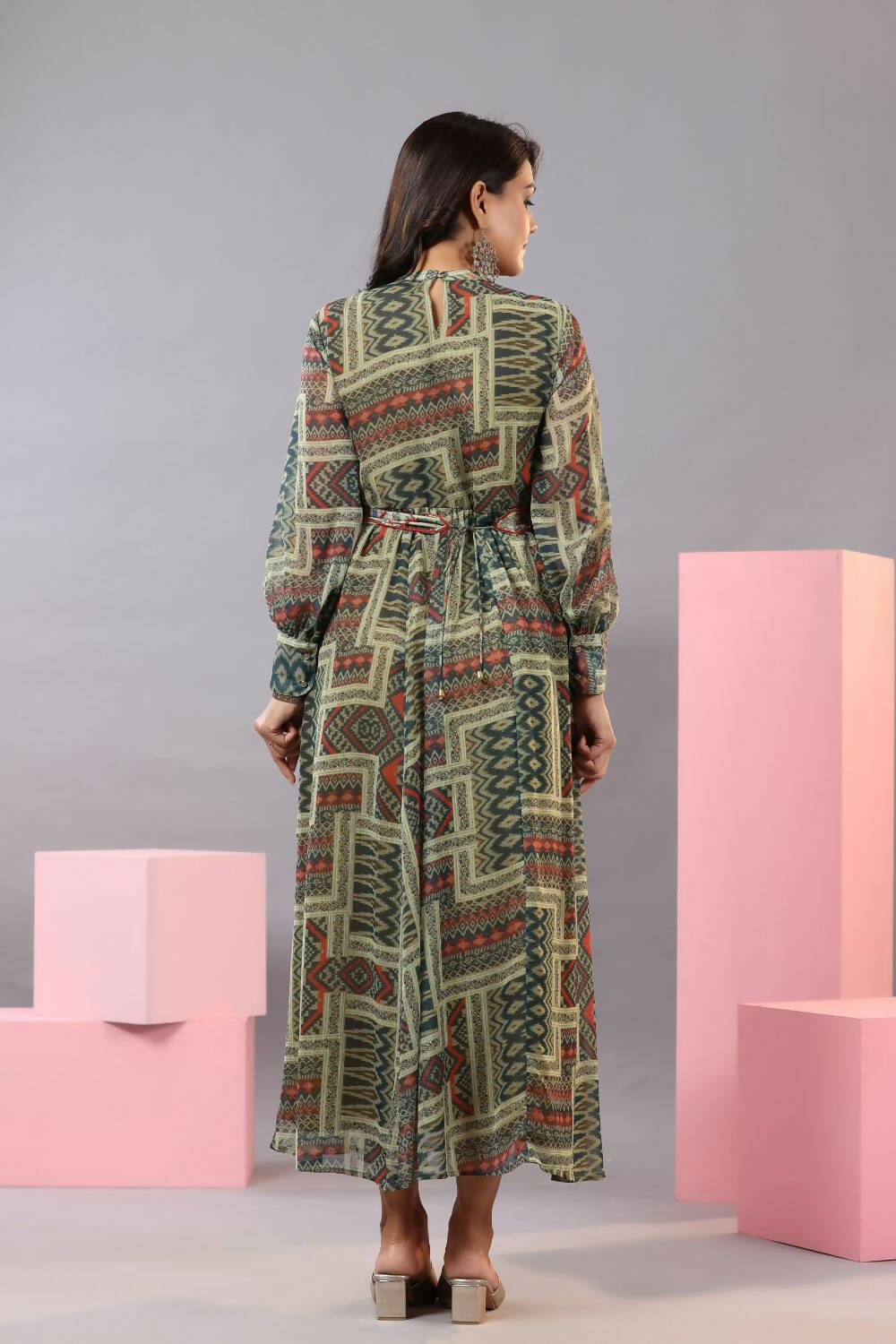 Juniper Women Green Chiffon Printed Maxi Dress | Grocsy