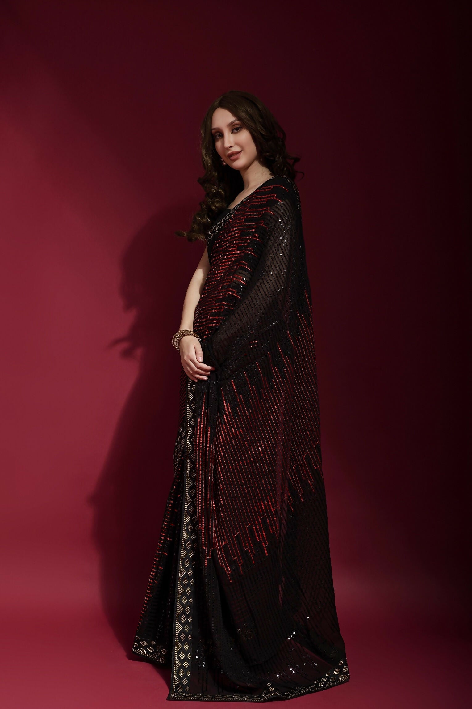 Vegaa Fashion Black Georgette Embroidered Party Wear Saree | Grocsy