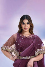 Wine Crepe satin silk Texture with Cord & Sequence Embroidered and Stone work Saree - Mohmanthan Majestica | Grocsy