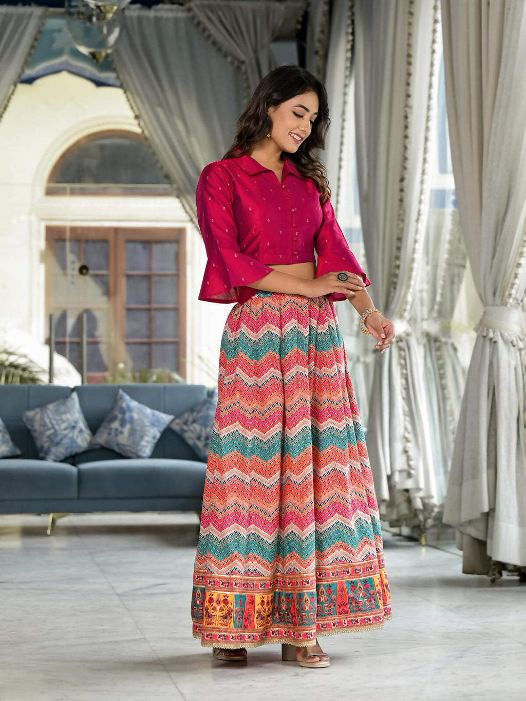 Juniper Women's Multi Ethnic Motif Printed Cotton Crop Top And Skirt With Lace & Button Detail | Grocsy