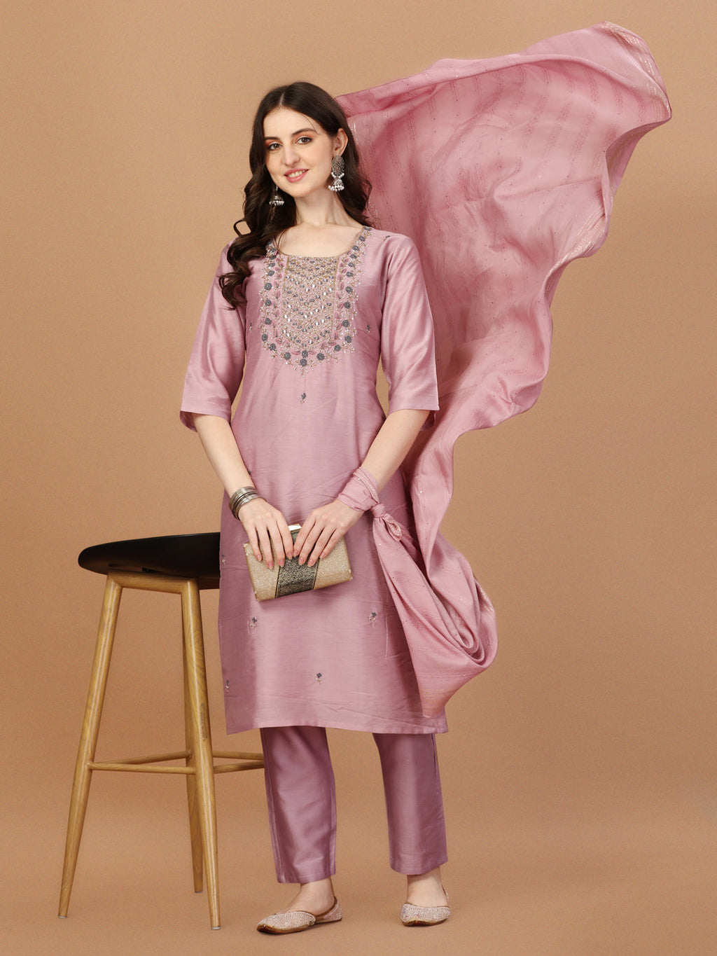 Embroidered Kurta With Pant And Dupatta Set, Multicolor - Hiral Fashion | Grocsy