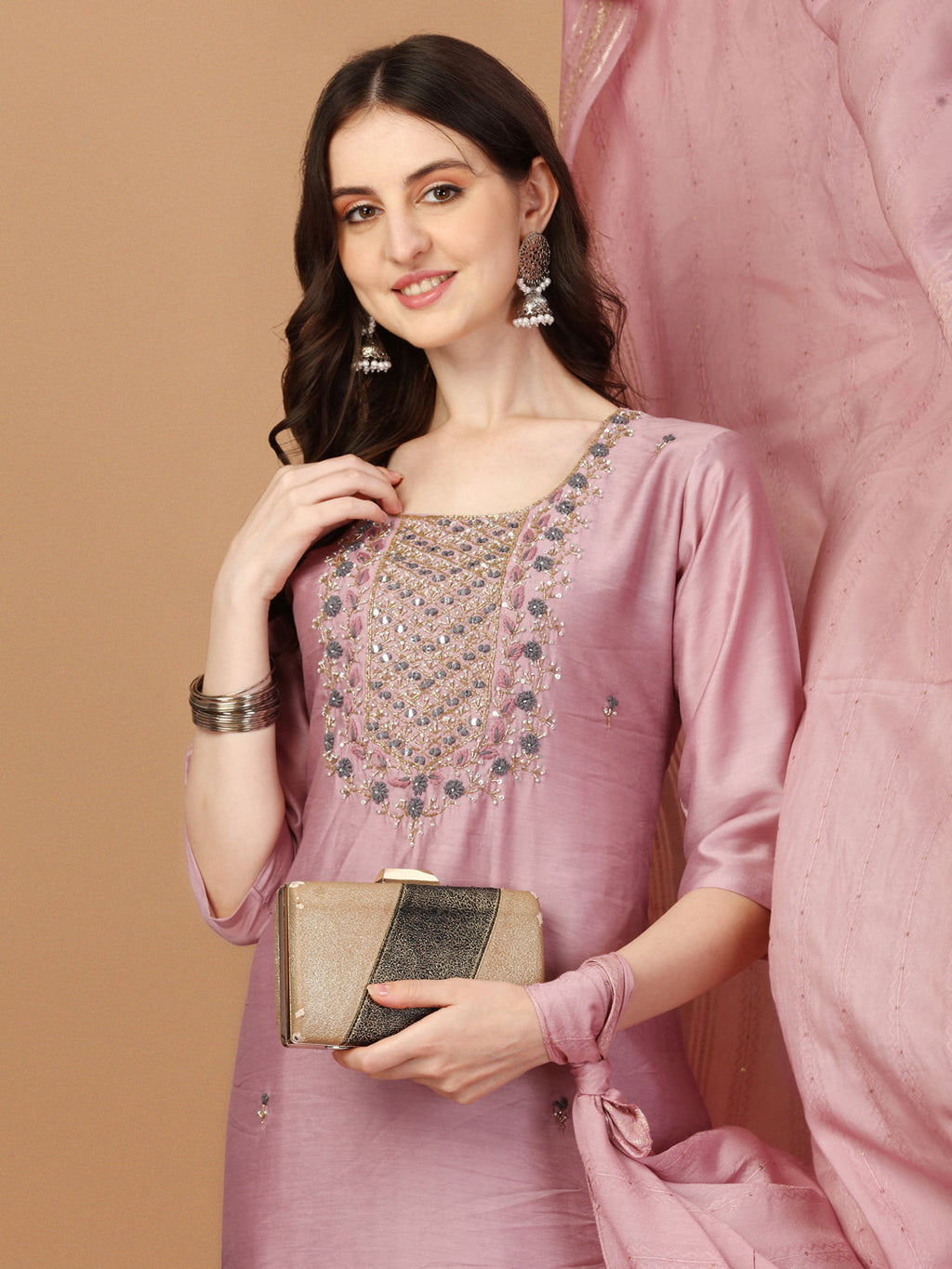 Embroidered Kurta With Pant And Dupatta Set, Multicolor - Hiral Fashion | Grocsy