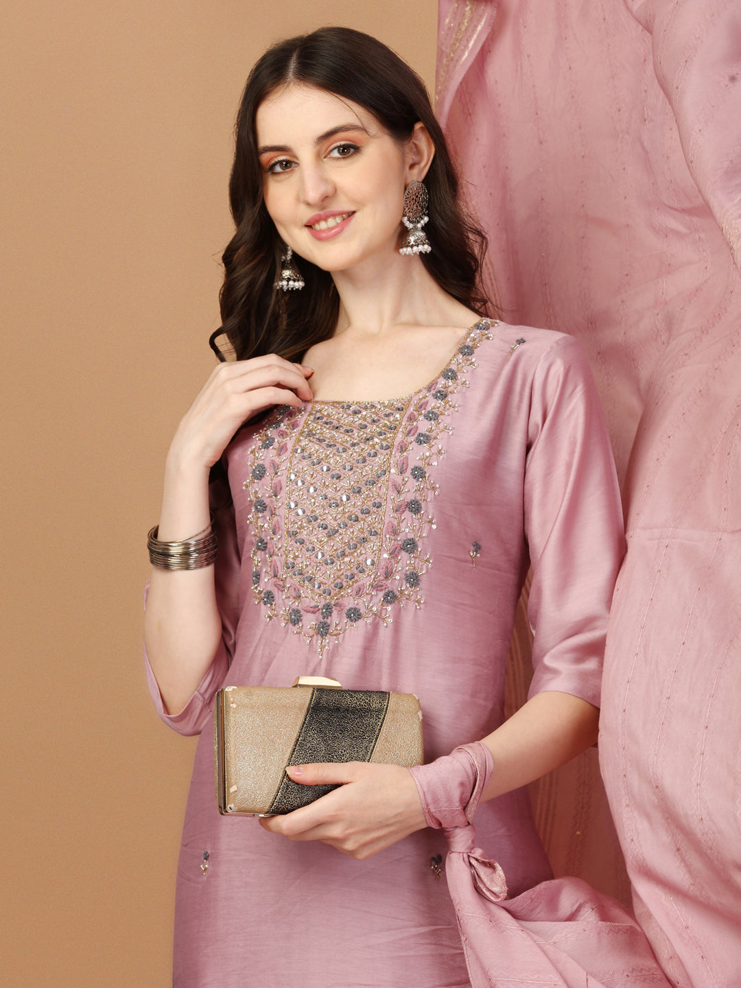 Embroidered Kurta With Pant And Dupatta Set, Multicolor - Hiral Fashion | Grocsy