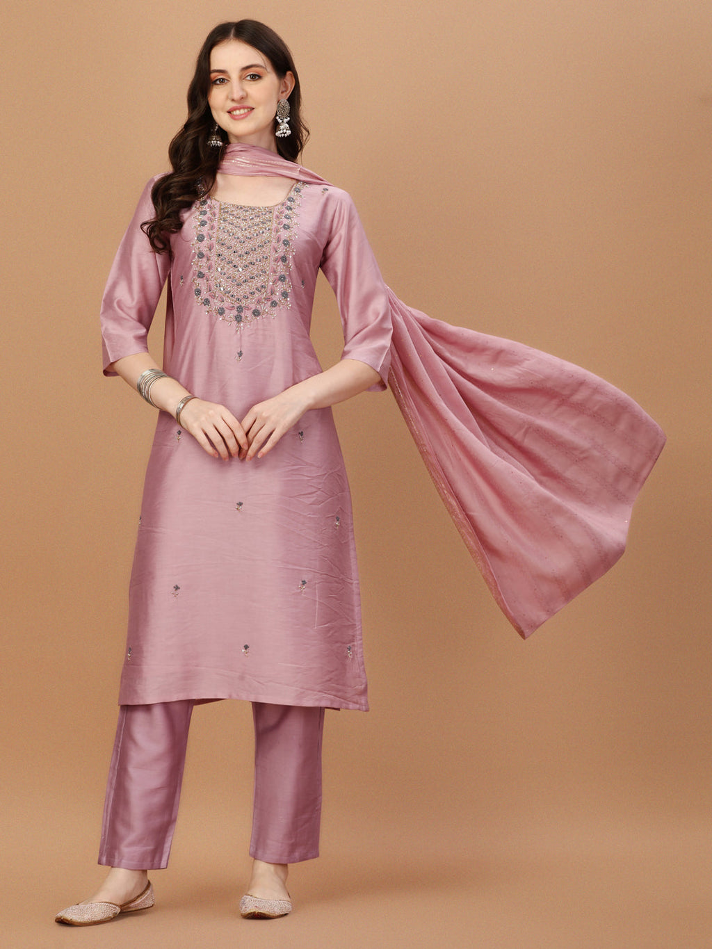 Embroidered Kurta With Pant And Dupatta Set, Multicolor - Hiral Fashion | Grocsy