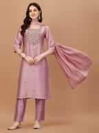 Embroidered Kurta With Pant And Dupatta Set, Multicolor - Hiral Fashion | Grocsy