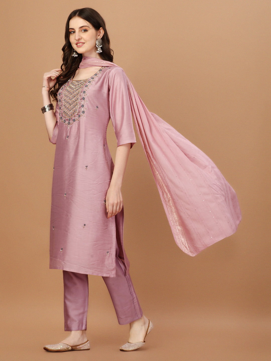 Embroidered Kurta With Pant And Dupatta Set, Multicolor - Hiral Fashion | Grocsy