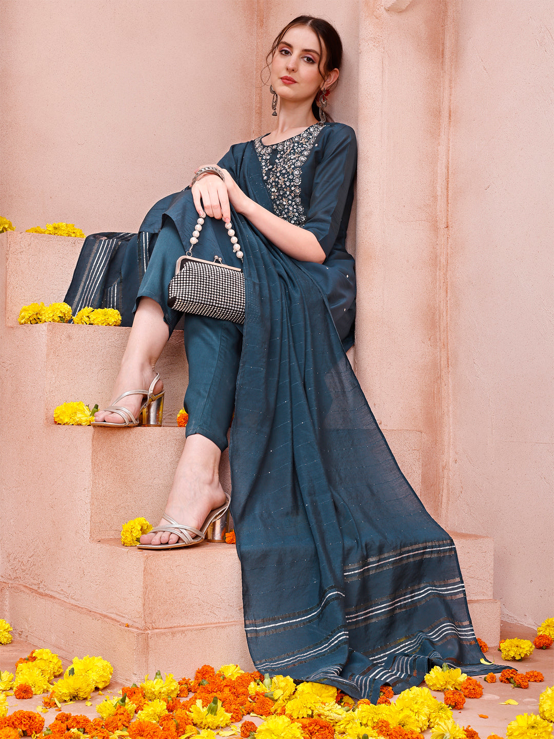 Hand Embroidered Kurta With Pant And Dupatta Set, Multicolor - Hiral Fashion | Grocsy