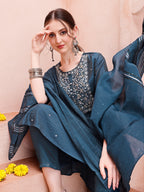 Hand Embroidered Kurta With Pant And Dupatta Set, Multicolor - Hiral Fashion | Grocsy