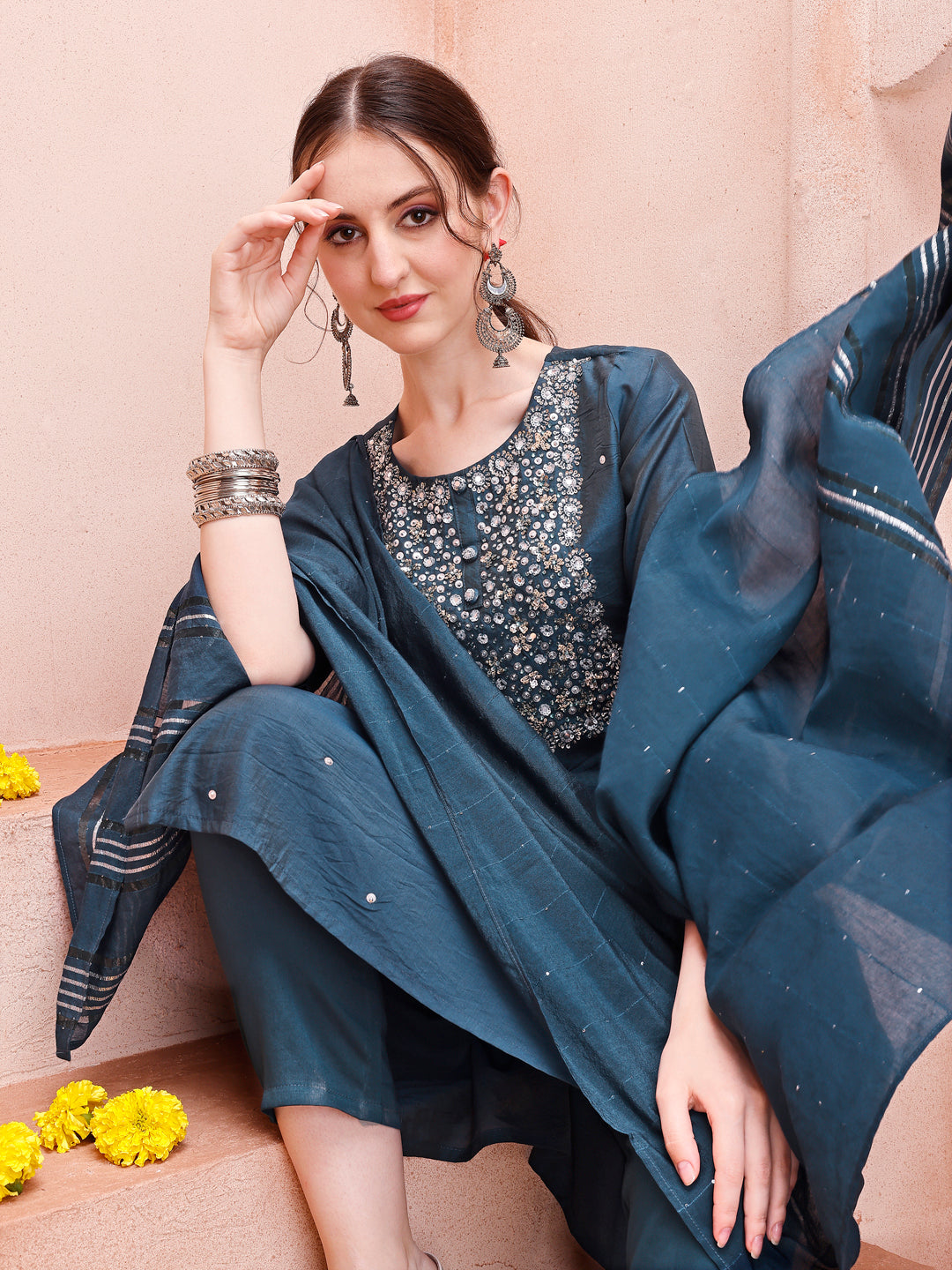 Hand Embroidered Kurta With Pant And Dupatta Set, Multicolor - Hiral Fashion | Grocsy