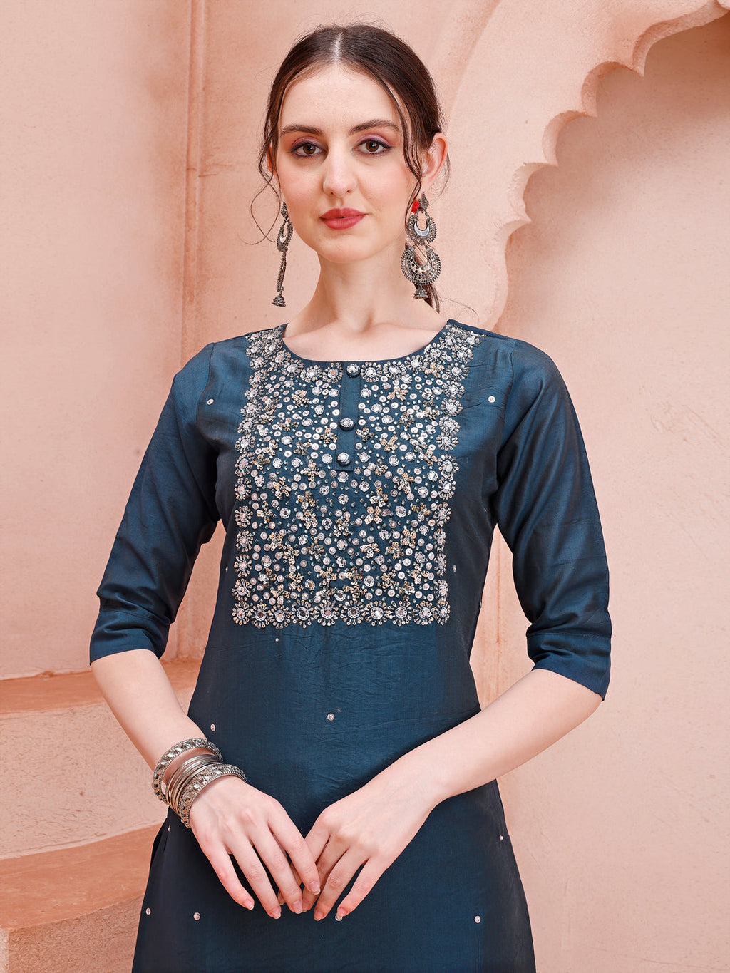 Hand Embroidered Kurta With Pant And Dupatta Set, Multicolor - Hiral Fashion | Grocsy