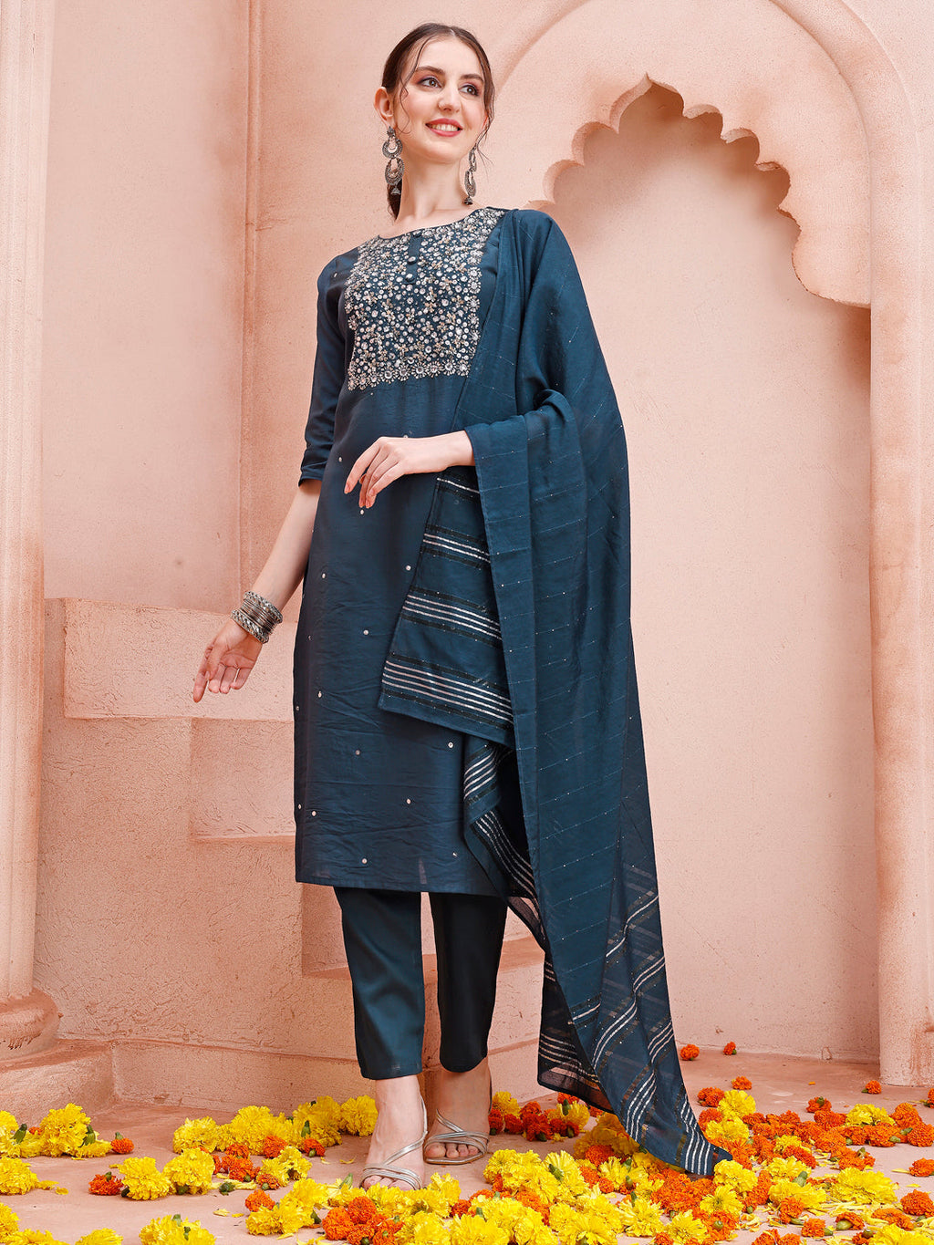 Hand Embroidered Kurta With Pant And Dupatta Set, Multicolor - Hiral Fashion | Grocsy