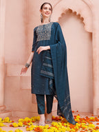 Hand Embroidered Kurta With Pant And Dupatta Set, Multicolor - Hiral Fashion | Grocsy