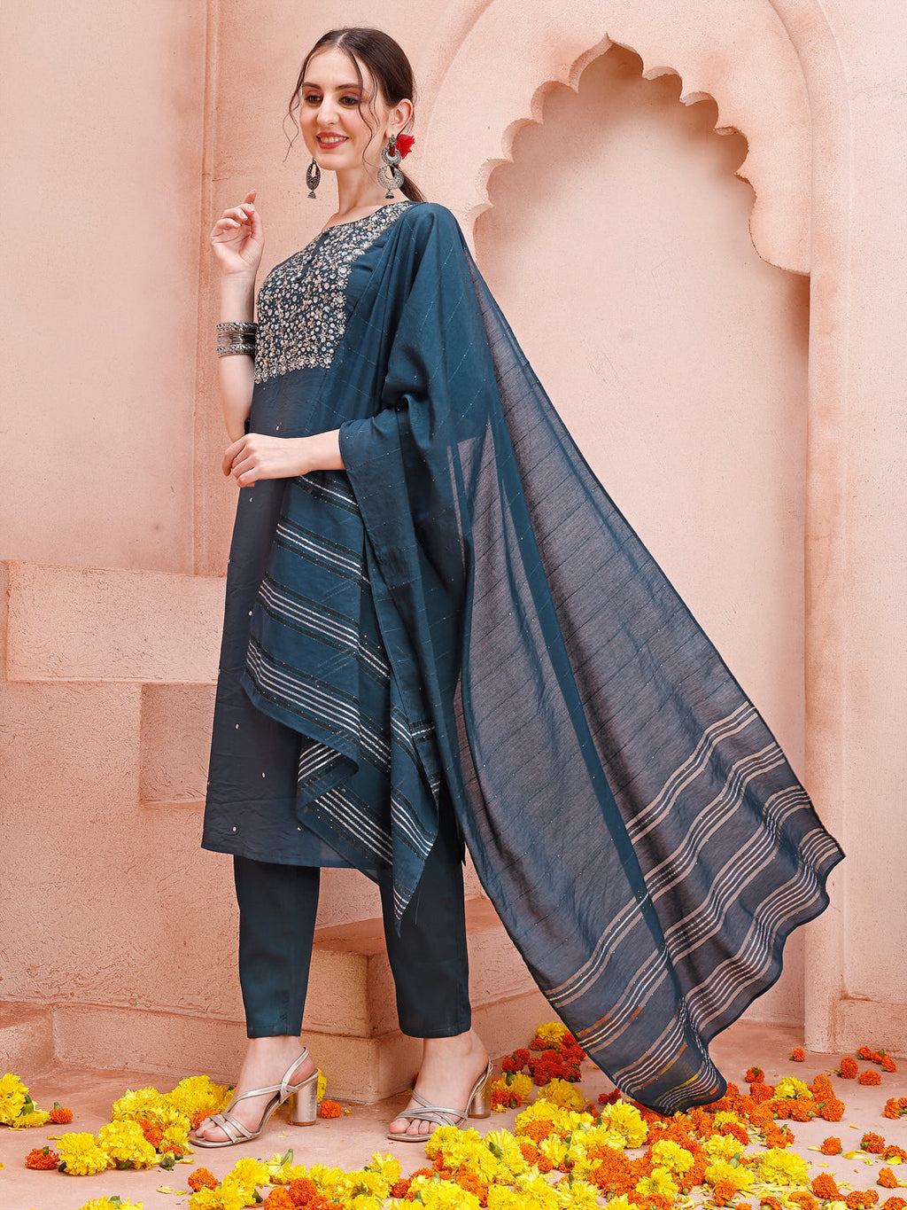 Hand Embroidered Kurta With Pant And Dupatta Set, Multicolor - Hiral Fashion | Grocsy