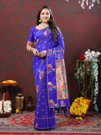 Lorenvalley Fashion Blue Soft Paithani Silk Woven Design Copper Zari Meenakari Weaving Saree | Grocsy
