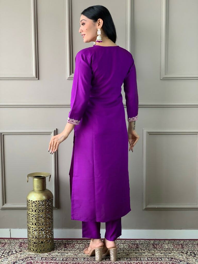 Partywear Designer Viscose Chanderi Wine Stitched Suit With Dupatta - Tanisha | Grocsy