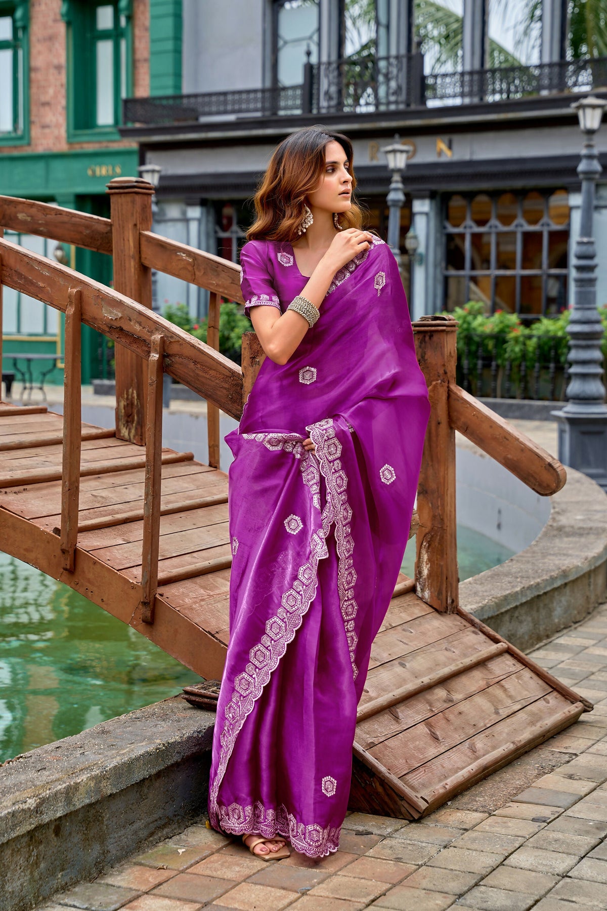 Vastranavya Purple Embroidery Work Shimmer Chiffon Saree with Unstitched Blouse | Grocsy