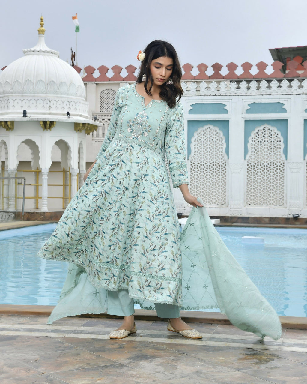 Vaasva Women's Sky Blue Cotton Anarkali Set With Solid Pant And Embroidered Dupatta | Grocsy