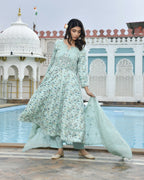 Vaasva Women's Sky Blue Cotton Anarkali Set With Solid Pant And Embroidered Dupatta | Grocsy
